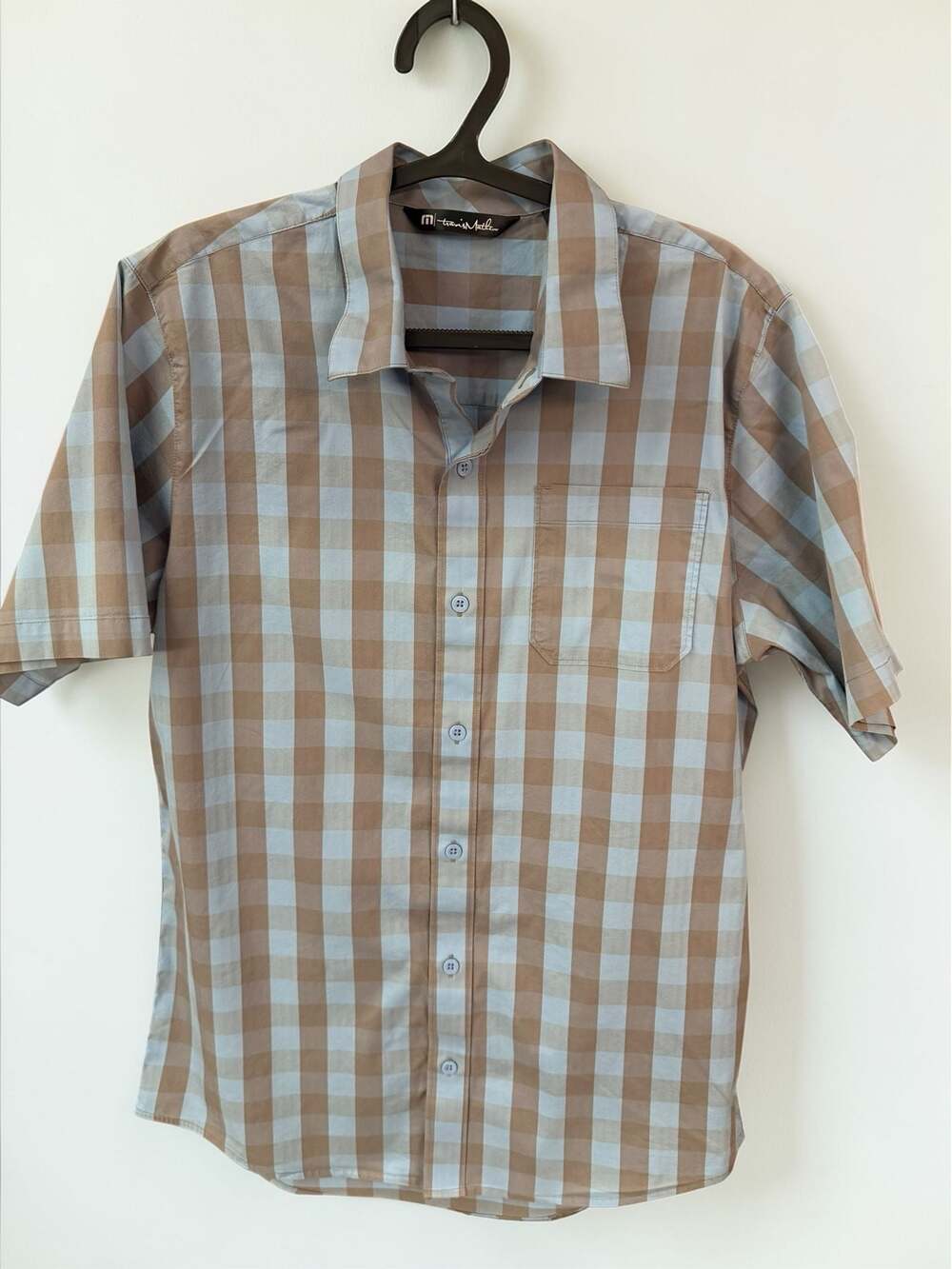 TravisMathew Short Sleeve Performance Plaid‎ Button Down Shirt - Blue & Brown